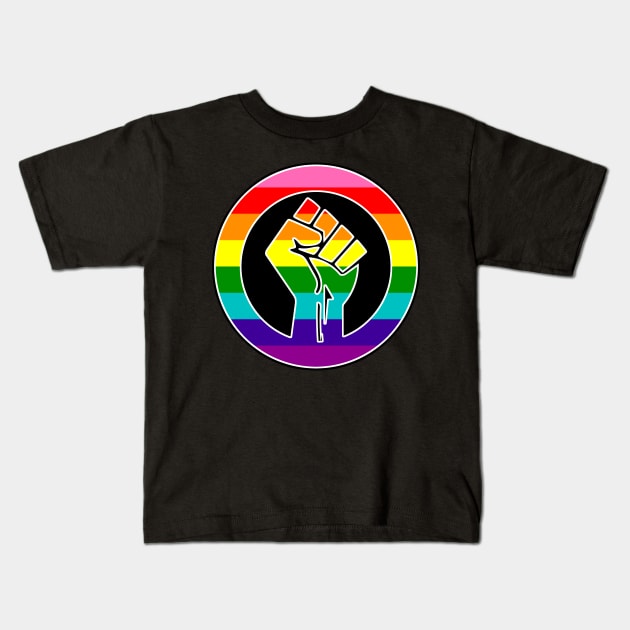 Black Lives Matter Fist Circled LGBTQ Flag Gilbert Baker Original Rainbow Pride Kids T-Shirt by aaallsmiles